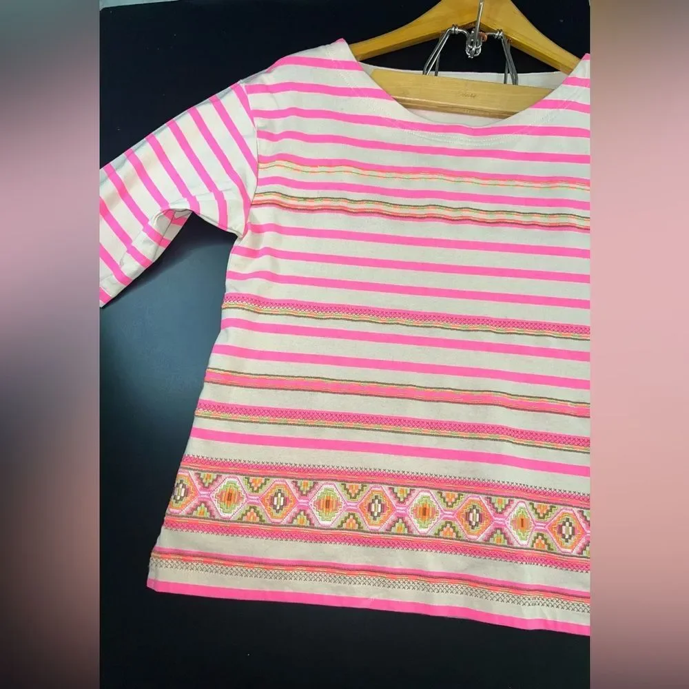 J.Crew Stitchwork Stripe Top Pink Neon Embroidered 3/4 Sleeve Top Size M NWOT